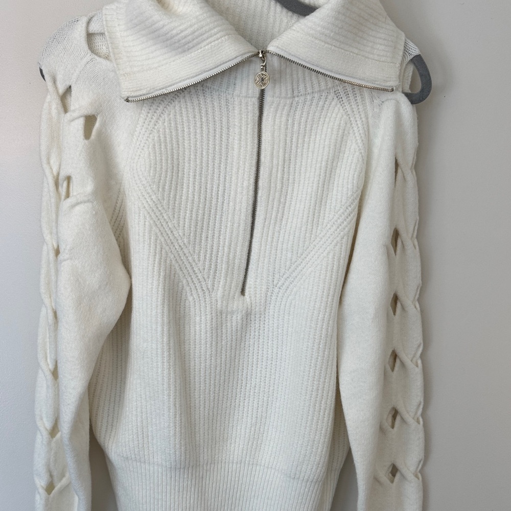 White House Black Market Cream Half-Zip Knit Sweater with Braided Sleeve